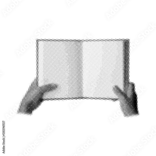 Hand holding open book with halftone dotted effect for trendy collage design