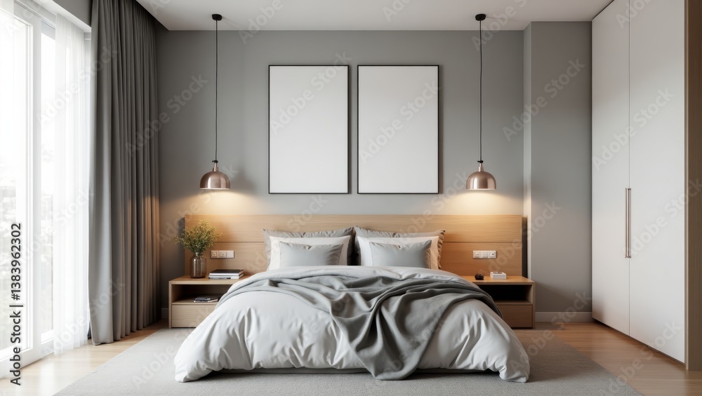 Fototapeta premium Serene sanctuary: A minimalist bedroom design featuring a plush bed, soft gray tones, and natural light illuminating a calming space.