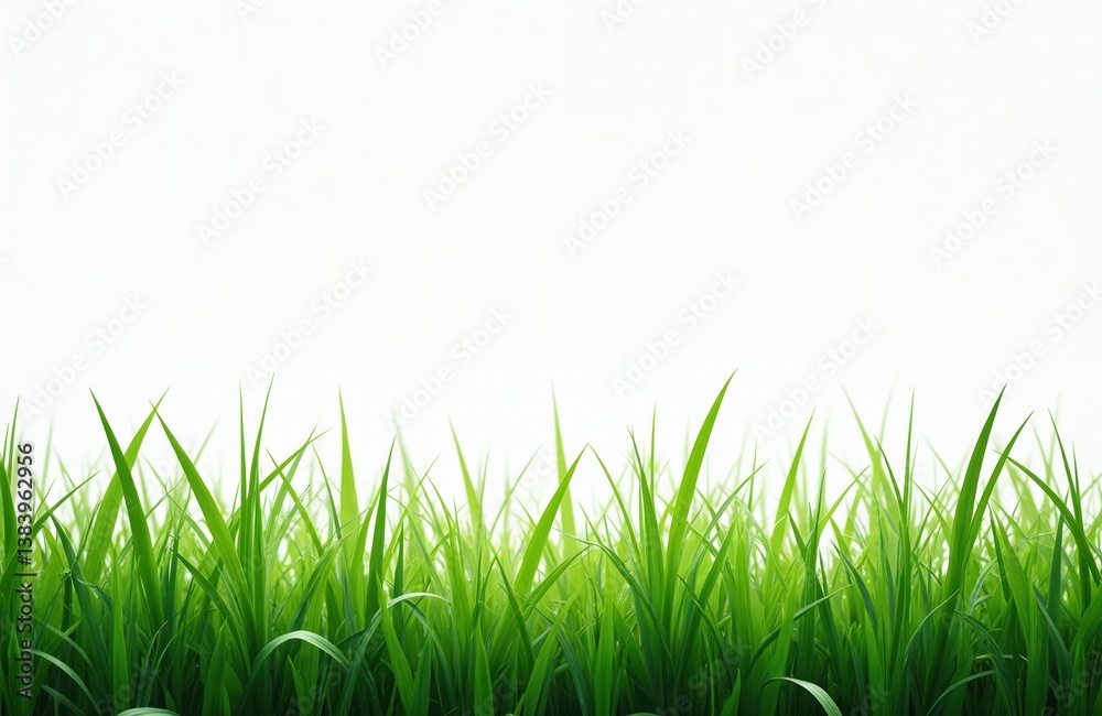 Fototapeta premium Green grass blades against white background. Fresh blades of grass create natural border. Vibrant green colors, simple composition ideal for eco tech projects spring, summer, lawn, garden nature