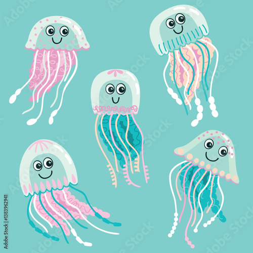 Cartoon Jellyfish set. Cute wildlife characters with eyes and long tentacles. Funny underwater dwellers isolated on blue background. Vector designs for cards, banners, stickers. Flat  illustration.