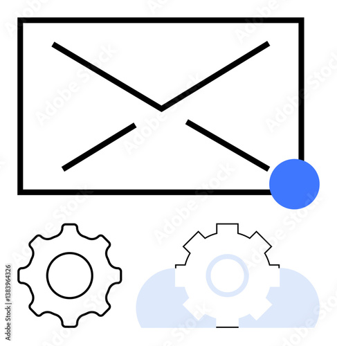 Envelop with blue notification dot, gears symbolizing settings, and cloud element. Ideal for communication, email, notifications, cloud services, settings technology digital tools. Flat simple