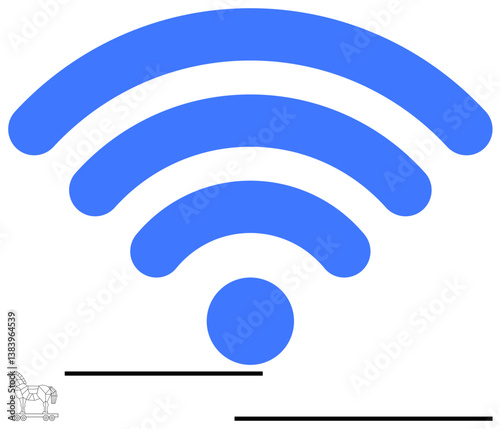 Strong blue wireless icon above a minimal Trojan horse design. Ideal for technology, malware, cybersecurity, internet access, online safety, connected devices, and hacking concepts. Flat simple