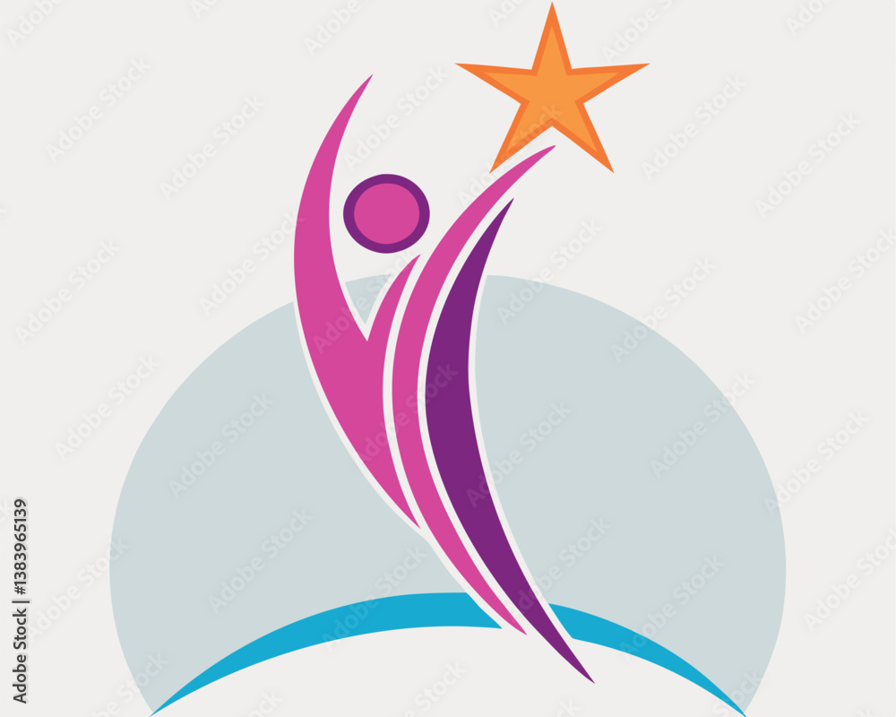 Fototapeta premium Abstract Figure Reaching for a Bright Star on Light Blue Base