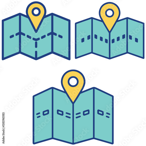 Folded Map Icon Set with Location Pin for Navigation Travel Guide and GPS Interface Design