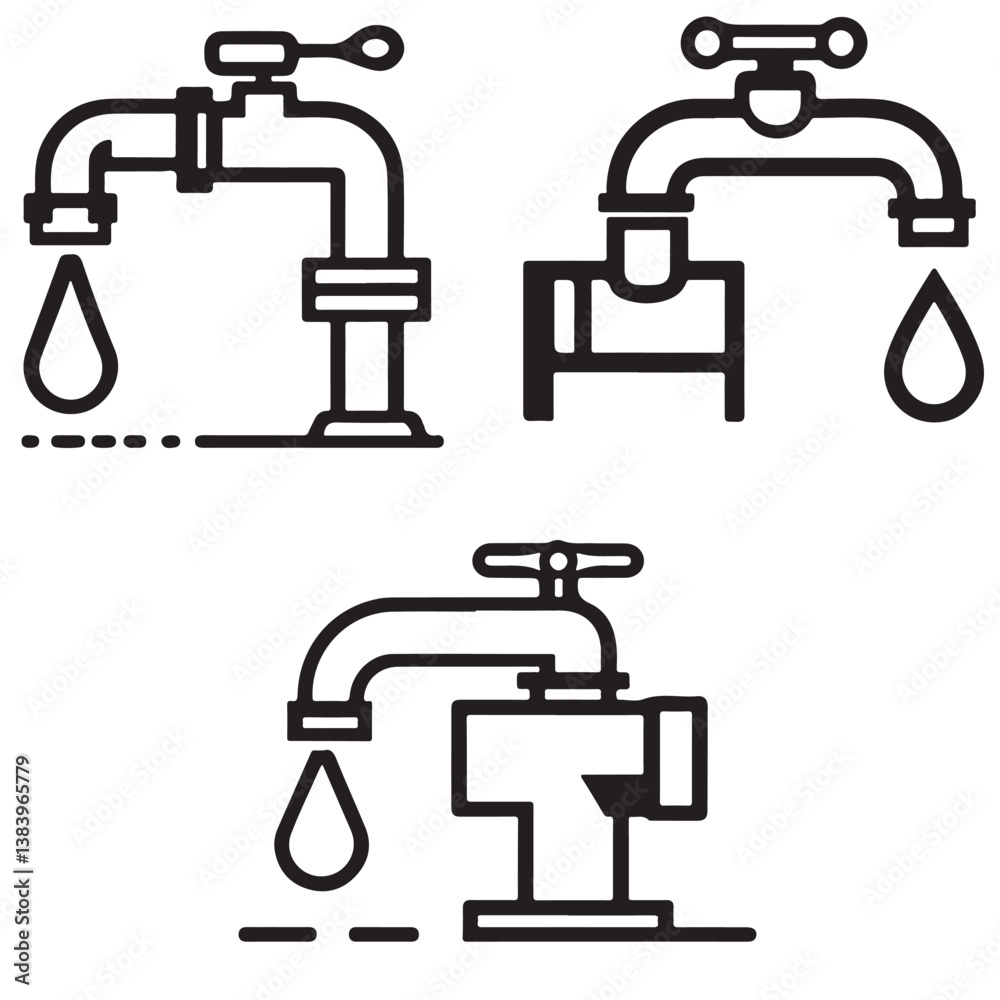 Water Tap Icons with Droplets Line Art Set for Plumbing and Utility Design Projects Water Tap Icons with Droplets Line Art Set for Plumbing and Utility Design Projects