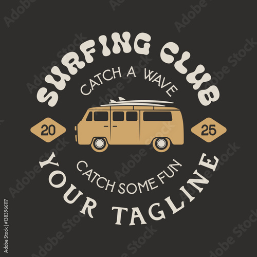 Surf club logo template isolated. Vintage surfing emblem in black background. Vector illustration of logo on surfing theme for t-shirt design