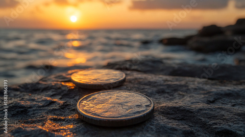Closeup shot of shiny nickel ore coin, showcasing its round shape and silver color, symbolizing wealth, value, and the raw beauty of natural metals in their rough form.

