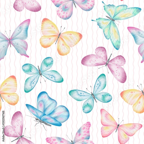 Seamless pattern with hand drawn colorful watercolor butterflies on wavy lines. Perfect for textile, wrapping paper, fabric, backdrop, wall hanging, scrapbooking, home decoration, bedding, wallpaper