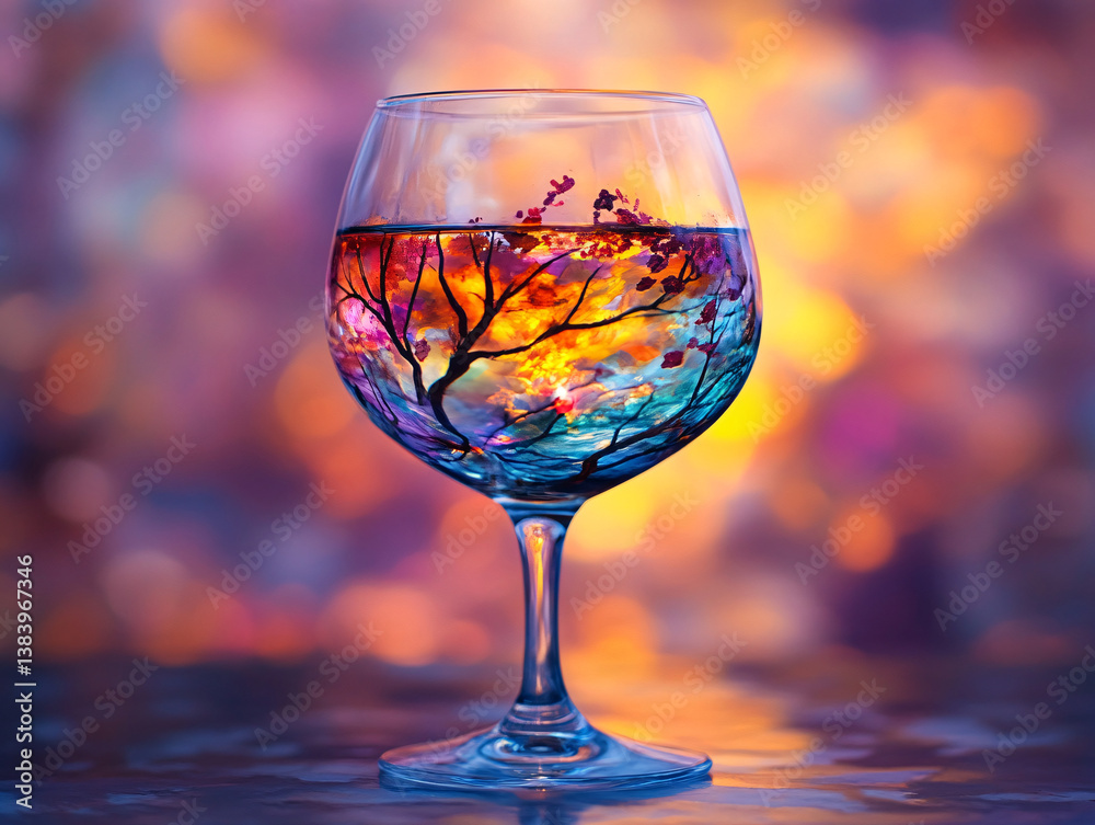 sunset reflected in wine glass with surreal landscape lighting, artistic photo merging transparent drinkware and glowing evening sky in colorful creative composition for lifestyle and fantasy themes
