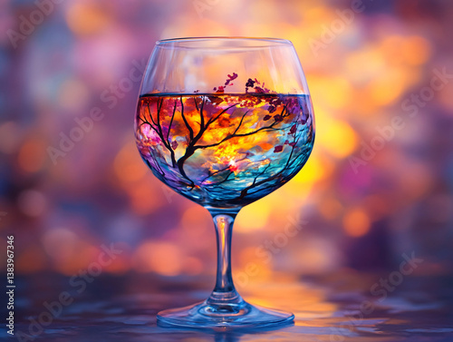 Obraz na płótnie sunset reflected in wine glass with surreal landscape lighting, artistic photo merging transparent drinkware and glowing evening sky in colorful creative composition for lifestyle and fantasy themes
w salonie