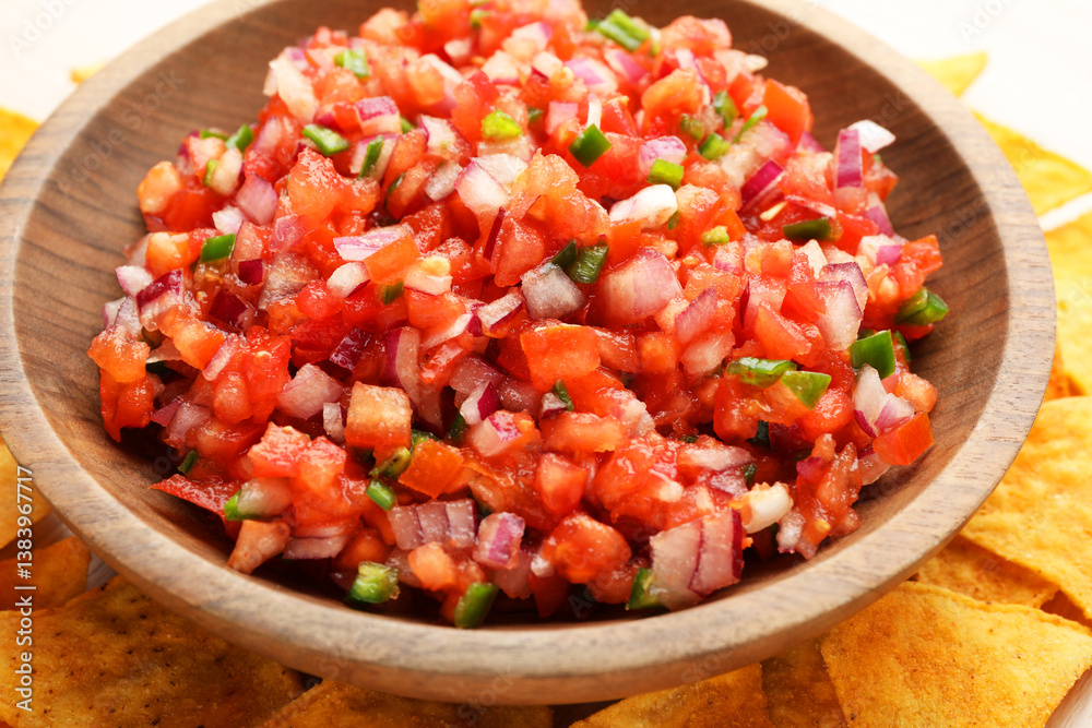 Delicious salsa in bowl and nacho chips on table, closeup