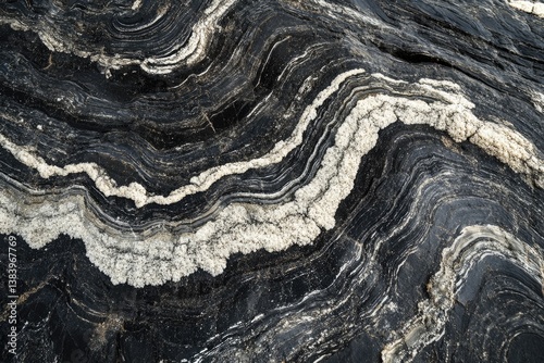 Black and white swirled rock formation with salt deposits, showing geological layers and texture.
