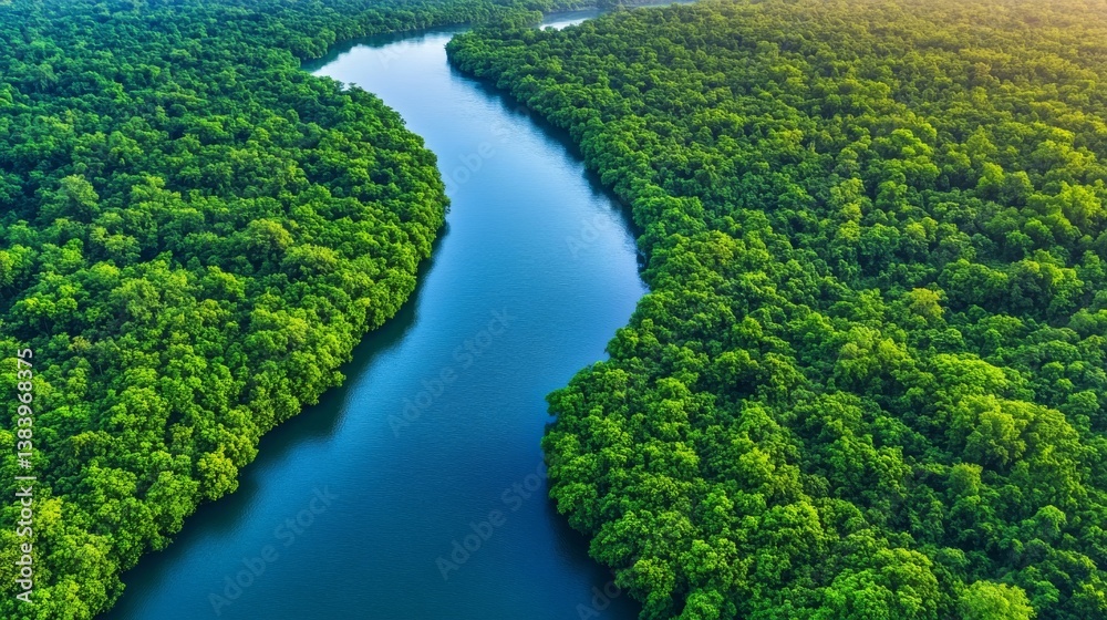 An aerial view of a peaceful river winding its way through a dense, green forest