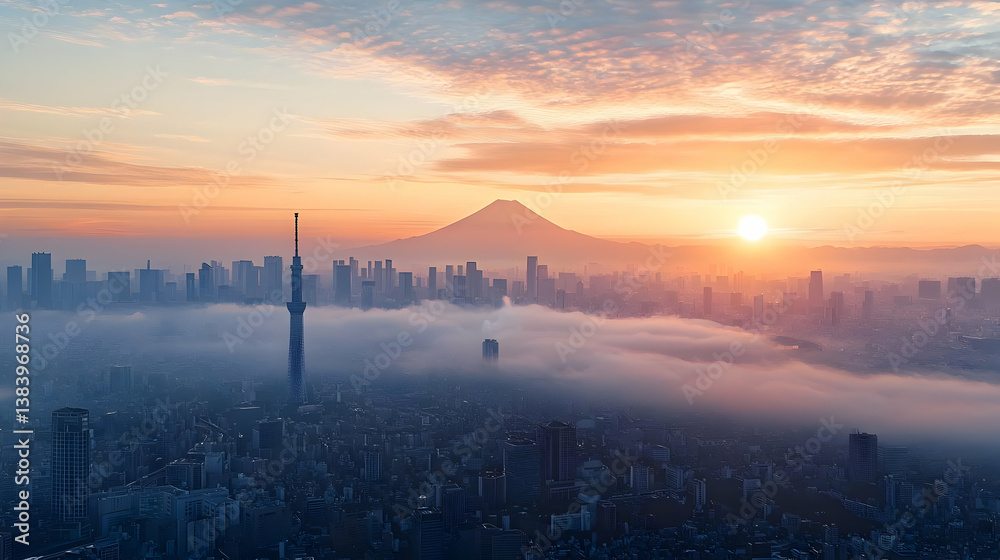 Fototapeta premium Sunrise Over Tokyo City With Mt Fuji And Foggy Atmosphere