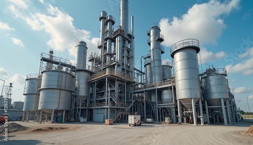 Fertilizer production plant with chemical reactors, storage tanks against blue sky with clouds. Industrial factory for agro production process. Energy and environmental tech.