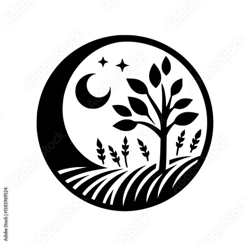 Serene Nightscape Silhouette: Tree, Moon, Stars within a Circle