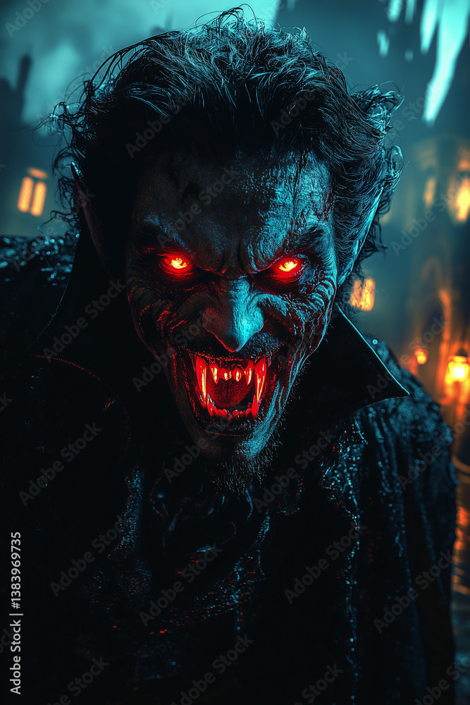 Dark vampire with glowing red eyes and fangs – gothic horror fantasy art