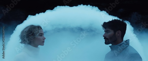Two individuals face each other amidst a foggy haze, creating an ethereal atmosphere