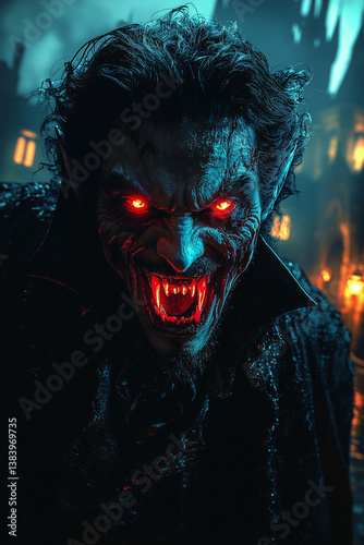 Obraz na płótnie Dark vampire with glowing red eyes and fangs – gothic horror fantasy art w salonie