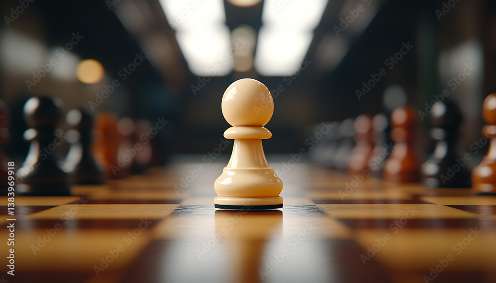 Chess pawn on a wooden board. Sharp focus on the center piece with blurred background of aligned pieces. A symbol of strategy and calculated moves. Chess pawn on a wooden board. Sharp focus on the center piece with blurred background of aligned pieces. A symbol of strategy and calculated moves.