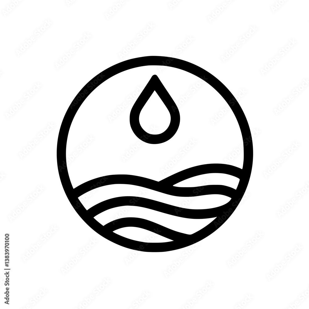 Minimalist Water Symbol: Drop Above Waves, Eco-Friendly Design Minimalist Water Symbol: Drop Above Waves, Eco-Friendly Design