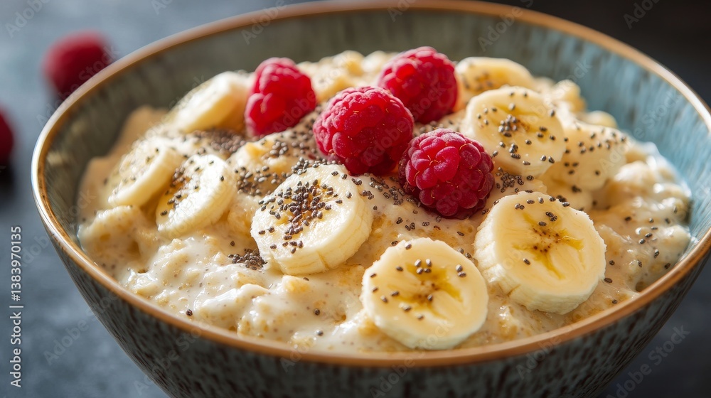 A nutritious breakfast bowl with fresh berries, sliced banana, chia seeds, and granola, arranged in a ceramic bowl A nutritious breakfast bowl with fresh berries, sliced banana, chia seeds, and granola, arranged in a ceramic bowl