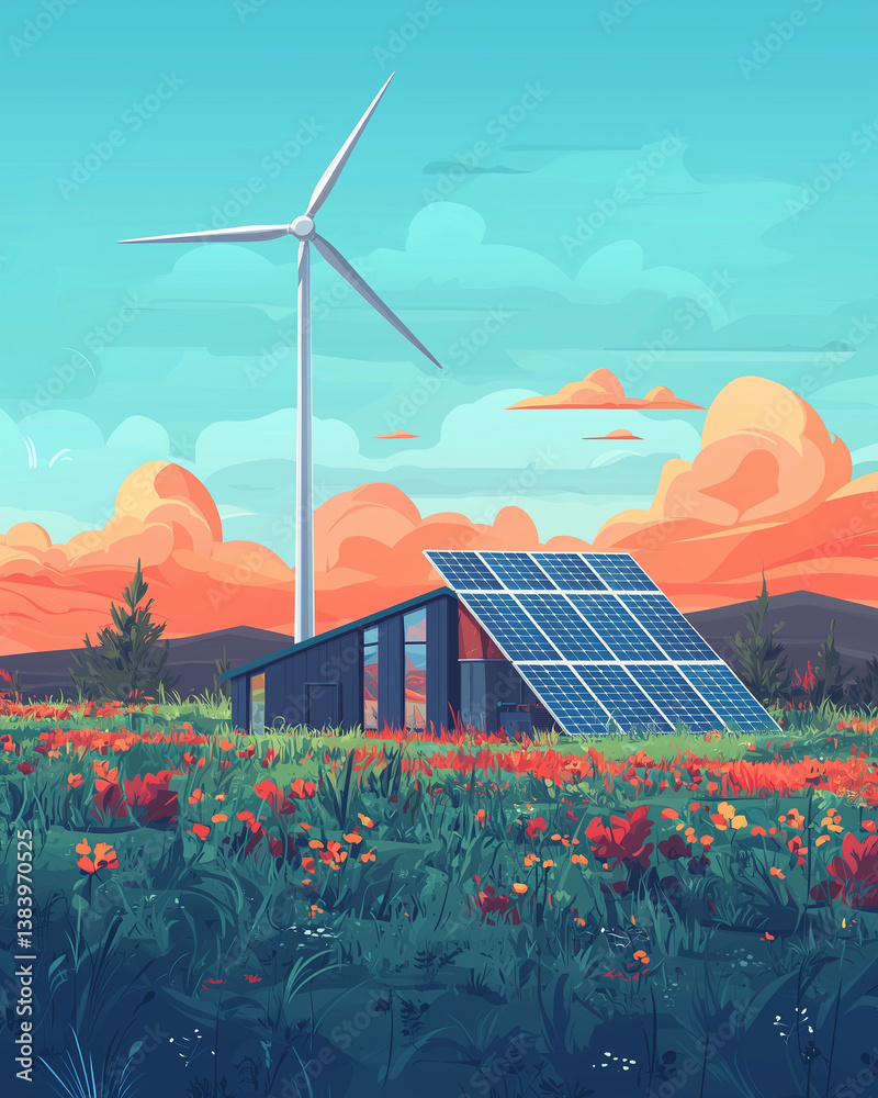 Sustainable energy landscape with wind turbine and solar panels – eco-friendly future
