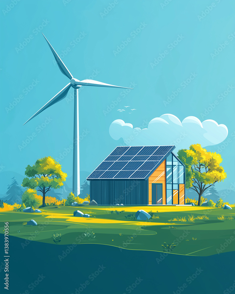 Sustainable energy landscape with wind turbine and solar panels – eco-friendly future