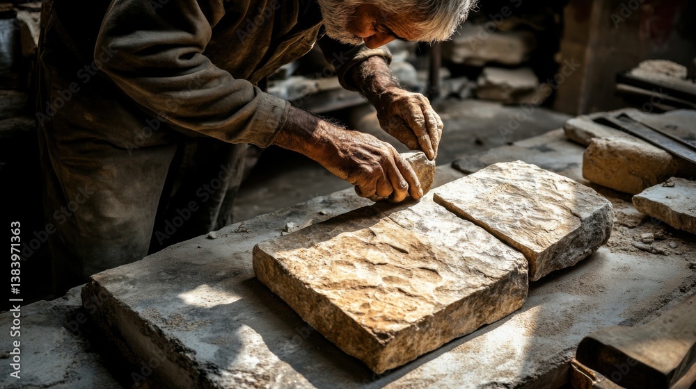 Skilled Artisan Carving Stone in a Rustic Workshop Environment