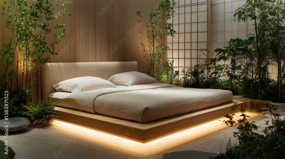 Modern floating bed with quilted headboard and ambient lighting – biophilic interior design