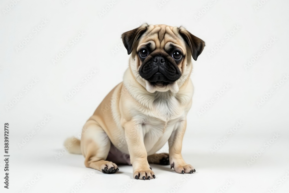 Adorable pug dog sits, isolated on white background, dog face, white Adorable pug dog sits, isolated on white background, dog face, white