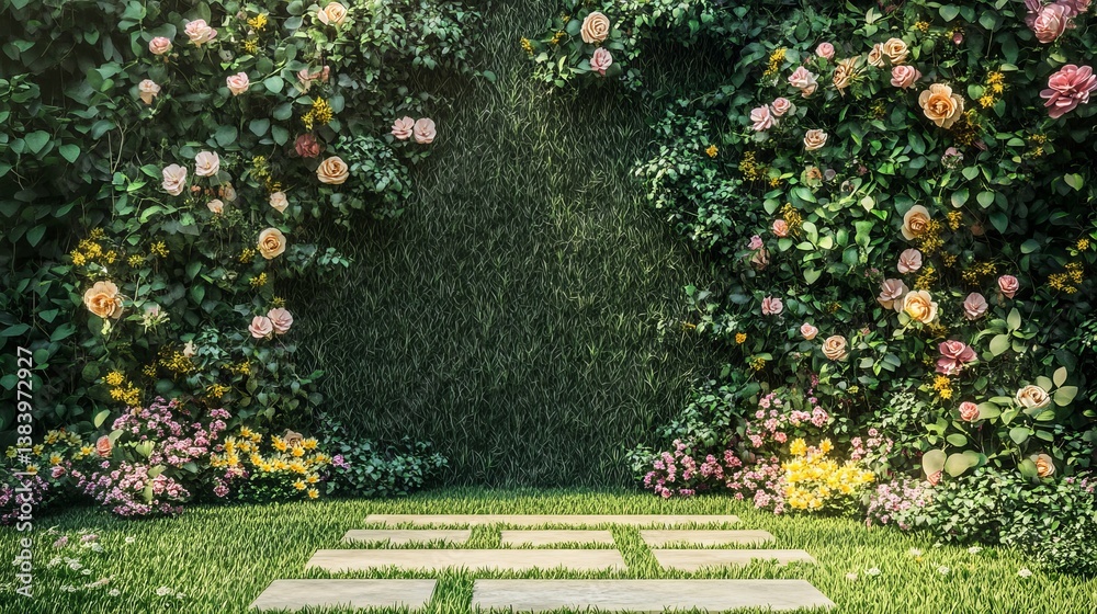 Obraz premium Beautiful Spring Garden Floral Wall Background Lush Roses Greenery Stone Path Summer Flowers Nature Scene Romantic Setting Elegant Design Perfect for 