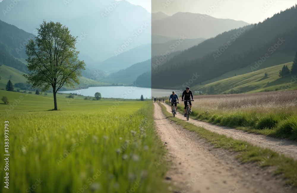 Fototapeta premium Cyclists ride bikes along dirt road. Mountainous landscape lake, green fields. People explore nature on bicycles. Outdoor recreation, active leisure, physical activity, healthy lifestyle, eco