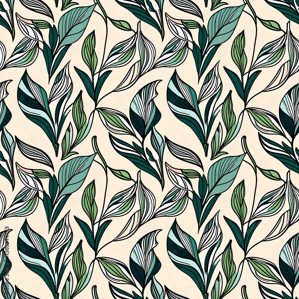 A pattern of green leaves on a beige background. A pattern of green leaves on a beige background.