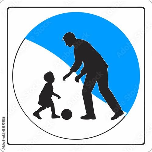 Minimalistic vector icon, black silhouette of an adult watching a child playing, inside a solid blue circle, square format, white background, clear instruction for supervised play