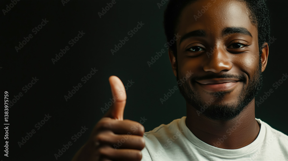 Smiling man with a thumbs up in front of a dark background showing positivity, confidence, and a good sign. Smiling man with a thumbs up in front of a dark background showing positivity, confidence, and a good sign.