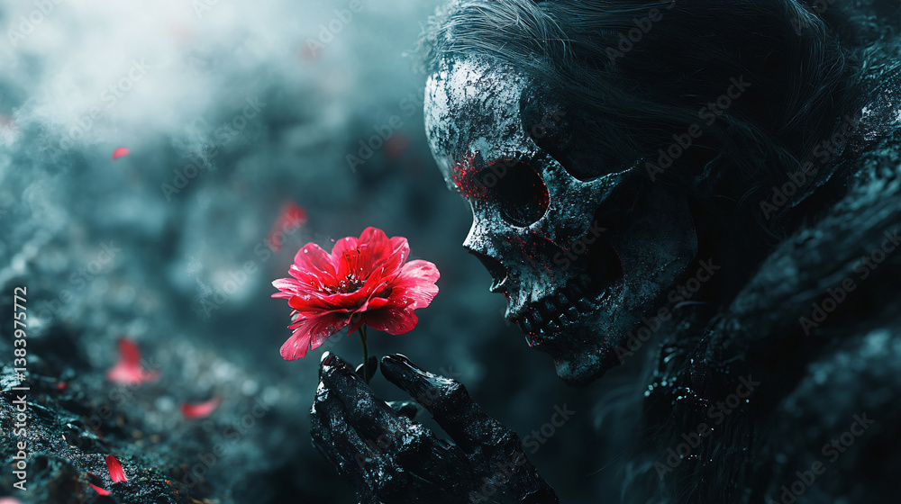 surreal portrait of glowing flower near human skull in dark fantasy atmosphere, contrasting life and death, symbolic conceptual illustration with vivid light and bone textures
