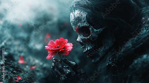 Obraz na płótnie surreal portrait of glowing flower near human skull in dark fantasy atmosphere, contrasting life and death, symbolic conceptual illustration with vivid light and bone textures
w salonie