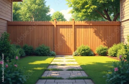 Wallpaper Mural Illustration of wooden fence backyard with green grass lawn and stone path. Residential house, summer landscape with wooden wall, nature and plants in sunlight. Private area, design element. Torontodigital.ca