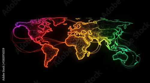 original technological background with a neon world map and neural networks that depict the flow of data