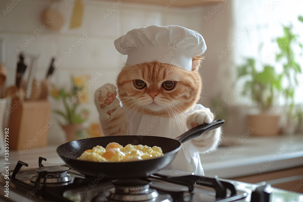 Funny cat wearing chef hat cooking scrambled eggs in a kitchen – humorous culinary animal concept