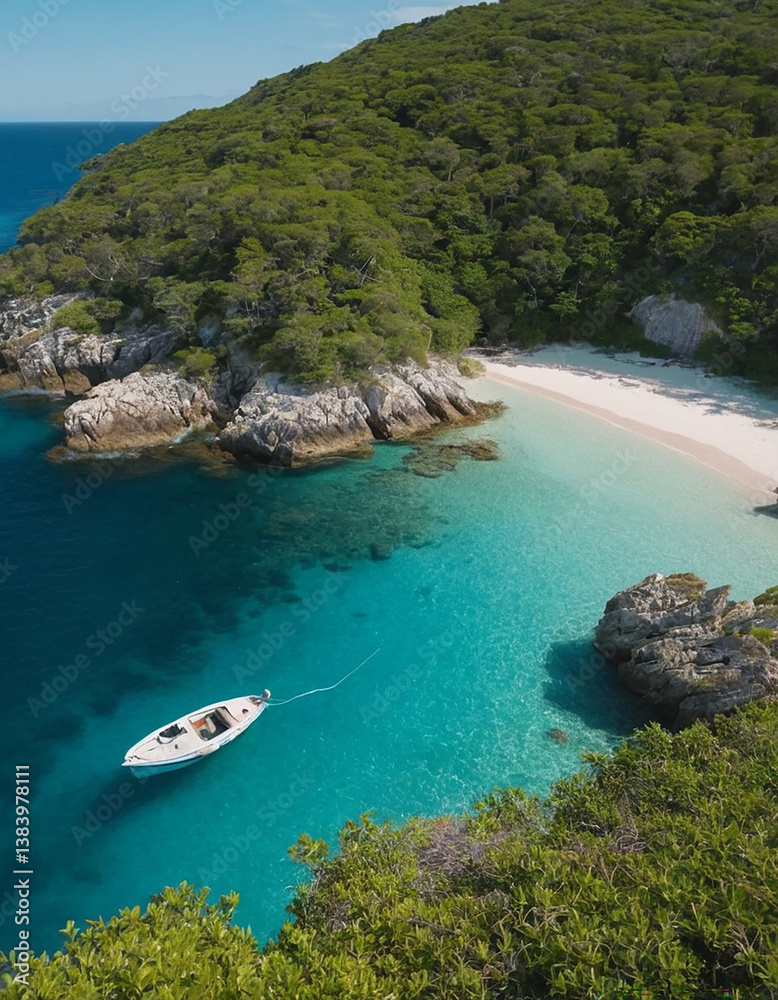 Fototapeta premium Mediterranean Seascape with Boats and Rocky Shore