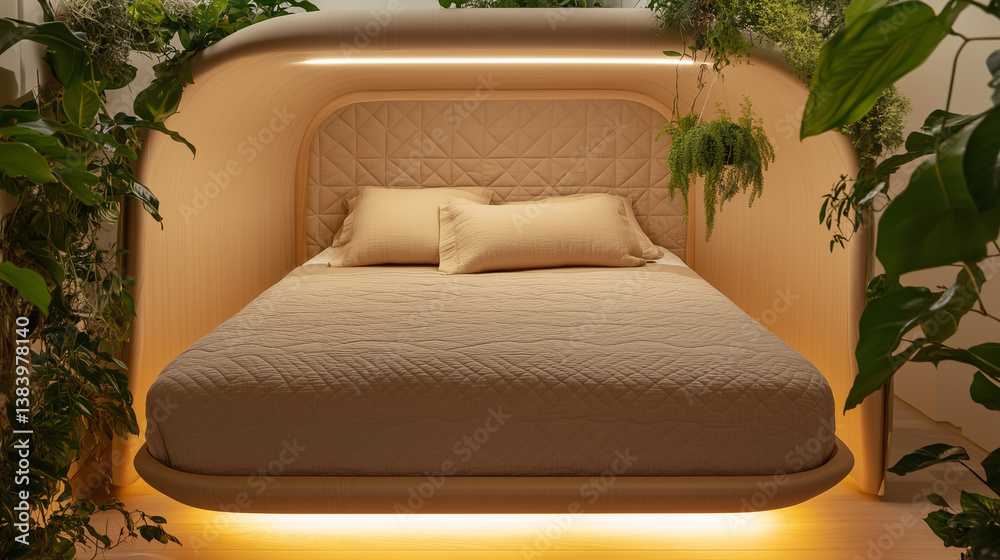 Modern floating bed with quilted headboard and ambient lighting – biophilic interior design