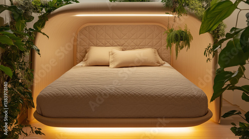 Modern floating bed with quilted headboard and ambient lighting – biophilic interior design