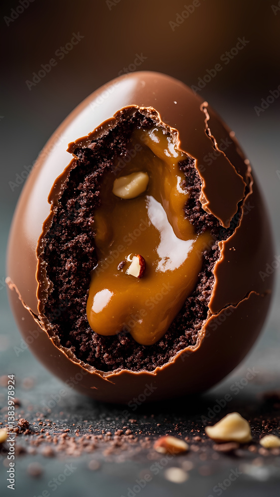 A chocolate Easter egg with caramel filling is opened A chocolate Easter egg with caramel filling is opened