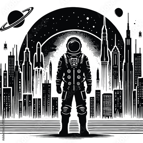 Space Traveler in Cyberpunk Cityscape