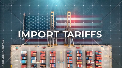 Reciprocal Tariffs. Import Tariffs USA 2025 Aerial view of shipping containers with an overlay of the American flag and the text 