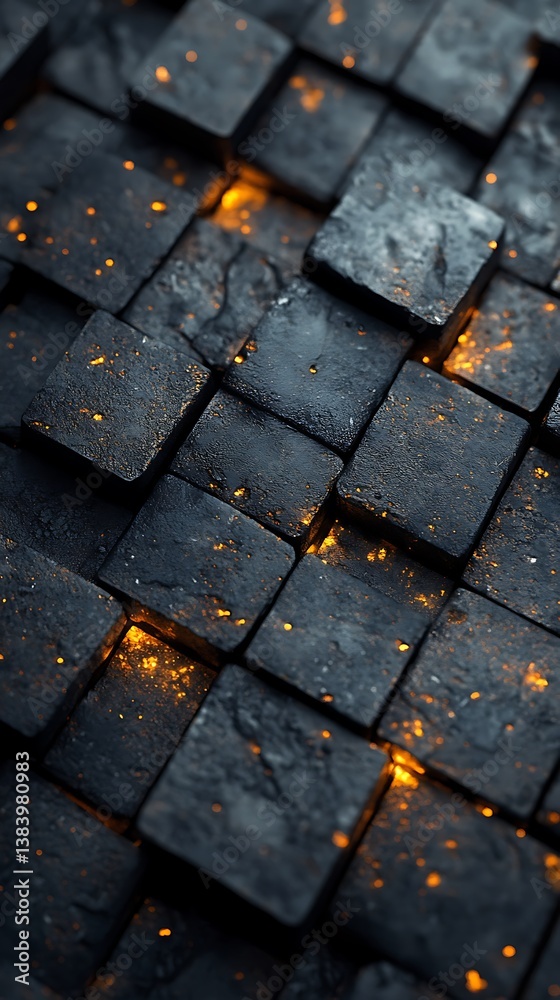 Close-Up of Dark Textured Tiles with Glowing Orange Sparks Creating a Mystical Ambiance
Close-Up of Dark Textured Tiles with Glowing Orange Sparks Creating a Mystical Ambiance