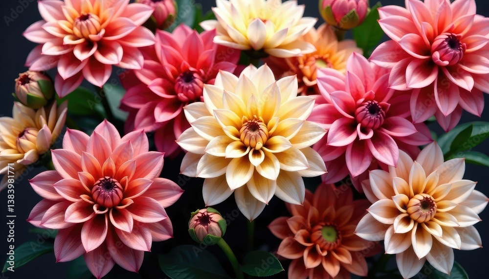 Elegant dahlia flower arrangement, repeating motif, soft focus, beauty, delicate Elegant dahlia flower arrangement, repeating motif, soft focus, beauty, delicate