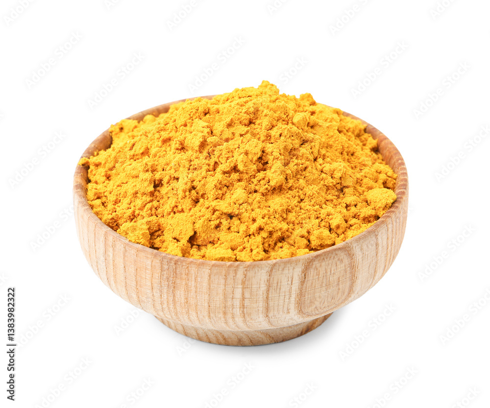 Superfood. Turmeric powder in bowl isolated on white